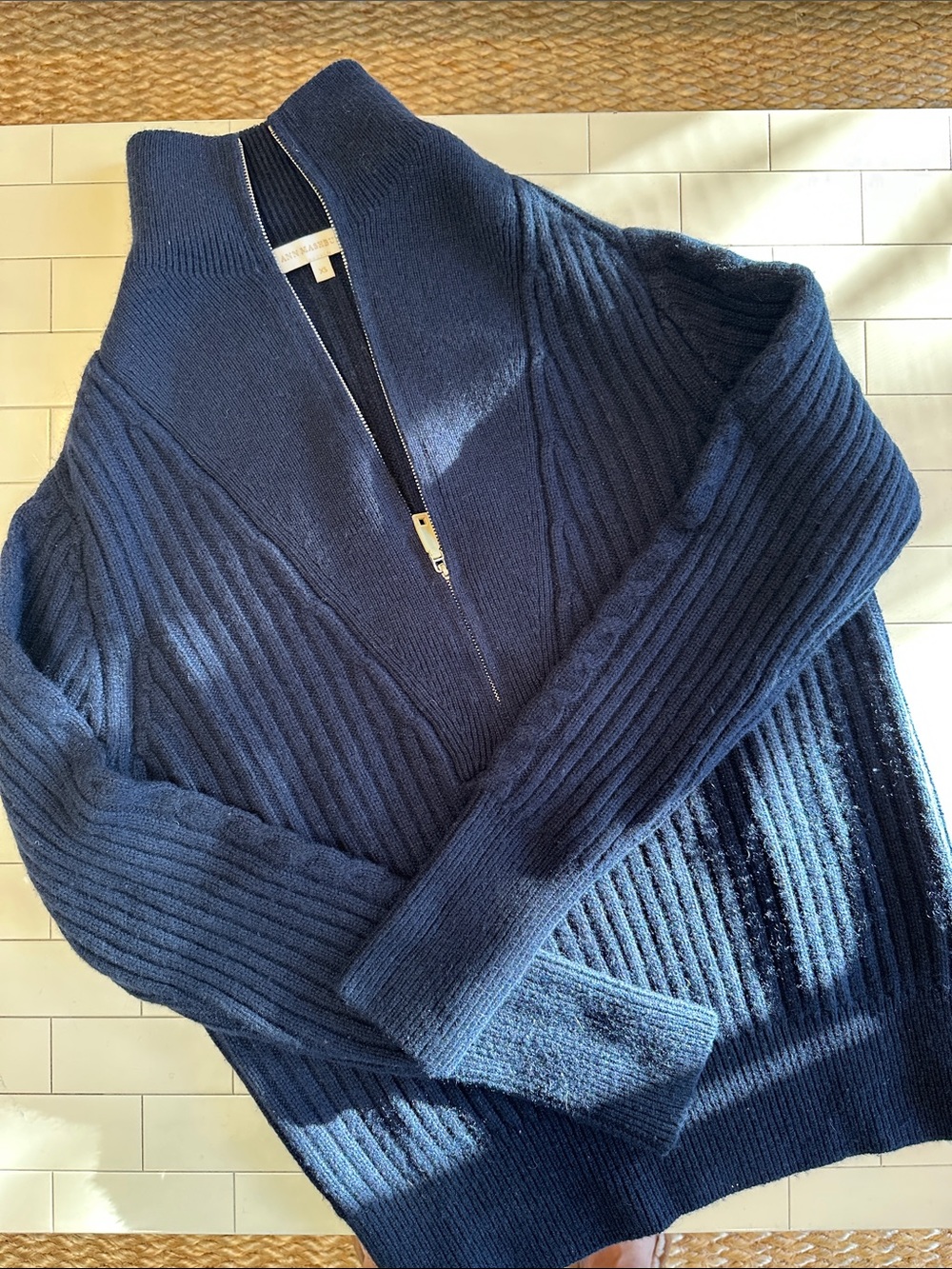 ANN MASHBURN Navy Quarter Zip Cable Knot Cashmere Sweater (XS)